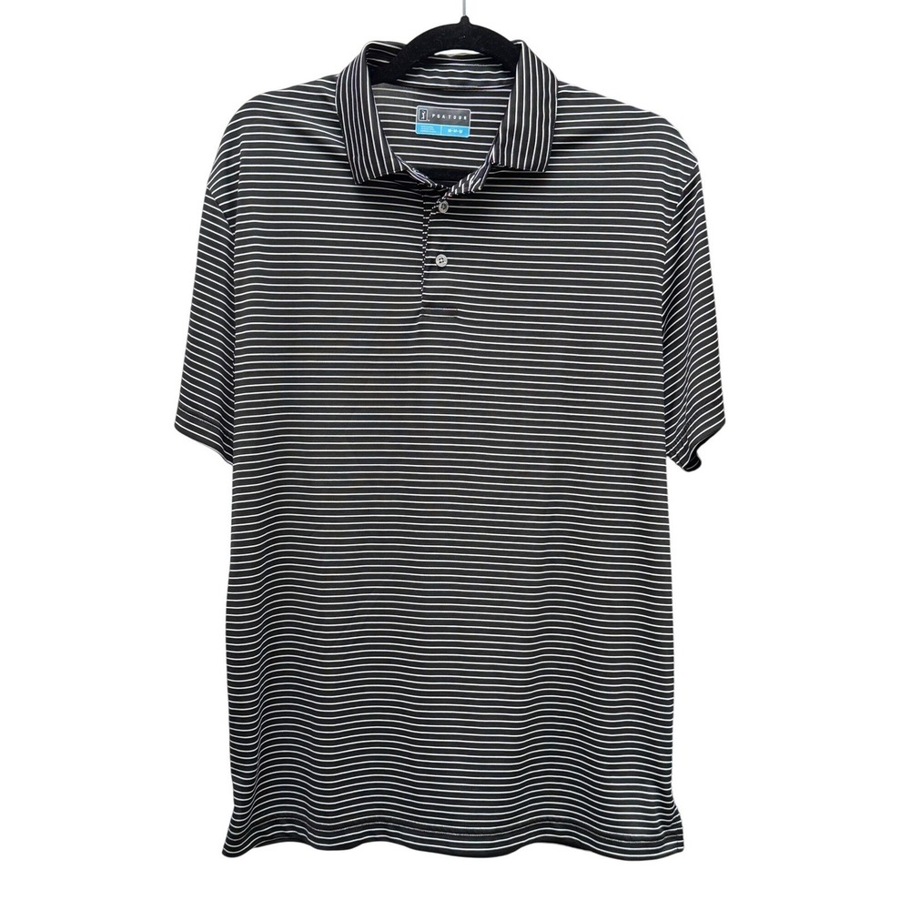 PGA Tour Golf Polo Shirt Striped Performance Black White Medium Short Sleeve - Picture 2 of 6